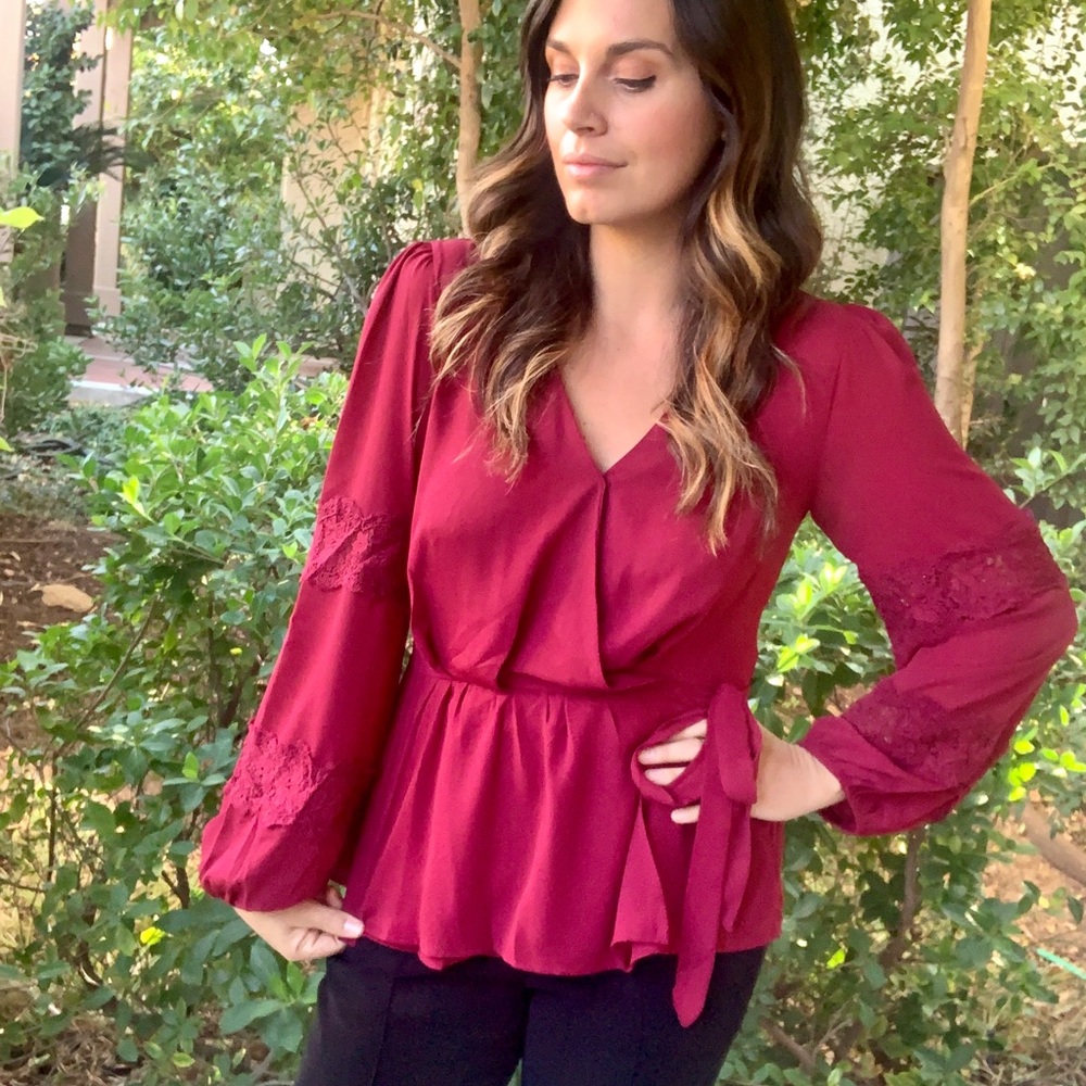Peasant & Peplum Wrap Top with Lace Inset Sleeves